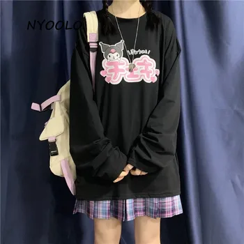 NYOOLO Japānas stila multiplikācijas filmu burtiem drukāt garām piedurknēm T-krekls sieviešu apģērbu Rudens streetwear vaļēju apkakli salds topi tee