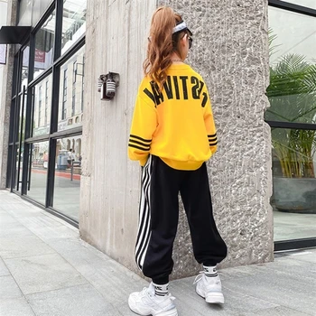 Bērnu Pavasara, Rudens Hip-Hop Darbības Tērpi Meitenēm korejas Prakses Deju Apģērba Dzelteno 14 Gadu Bērni O-veida Kakla Tracksuit