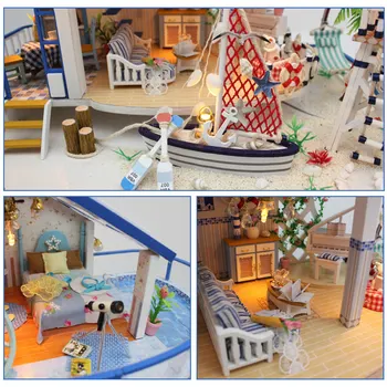 DIY LED Namiņš Jūras Miniatūras Villa Ar Mēbelēm, Koka Māju Istabu, Modeļa Komplekts Dāvanas, Rotaļlietas Bērniem, Bērnu Rotaļlietas Leļļu Nams