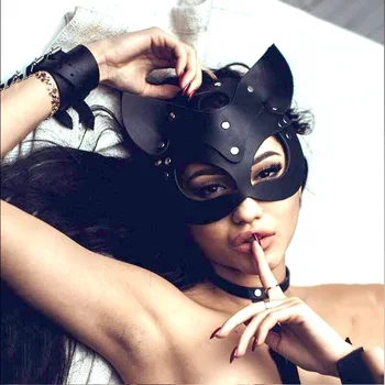 Bdsm Melnu Seksīgu Ādas Maska Spīdīgu Dzirkstošo Rhinestone Kniedes Fetišs Catwoman Maskas Cosplay Halloween Masku Pusi Sejas Maska
