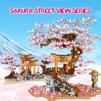 SEMBO Street View Ideja Svētnīca, Ķieģeļu Sakura Kabīne Ķieģeļi Pilsēta Draugiem Ķiršu Ziedu Ainavas Nams Koka Celtniecības Bloku Rotaļlietas