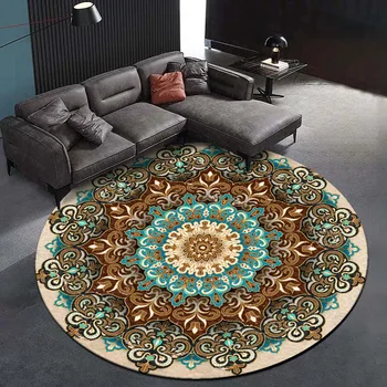 Eiropas stila tautas-pasūtījuma Zils brūns Mandala ziedi Apaļā dzīvojamās istabas paklāja pielāgošana Guļamistaba anti-slīdēšanas paklājiņš plīša paklājs