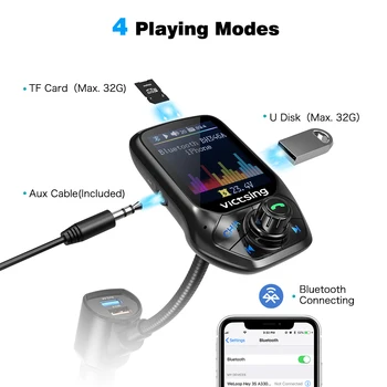 VicTsing Automašīnas Bluetooth, FM Radio Raidītājs Adapteris Raidītājs ar 1,8 collu Krāsu Ekrāns,QC 3.0,EQ Režīmi,Aux,brīvroku Zvanu