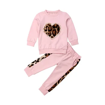 2019 Zīdainis, Mazulis Baby Girl Ziemas Apģērbu Komplekti Rozā Krāsā Ar Garām Piedurknēm Leopard Sirds Drukāt Džemperi, Topi Garas Bikses Apģērbs Tracksuit