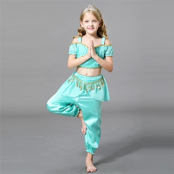 Halloween Meitenes Aladdin Jasmīns Kostīmu Bērnu Arābijas Zaļā Princese Apģērba Komplekts Bērniem, Jasmīns, Kaklarota, Auskari Cepures Cosplay