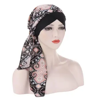 Musulmaņu Sievietes Pieres Krusta Turban Cepuri Iepriekš Piesaistītā Drukāt Zieds Lakatu Vēža, Chemo Beanies Sunīti Cepures Galvas Apsējs Matu Aksesuāri