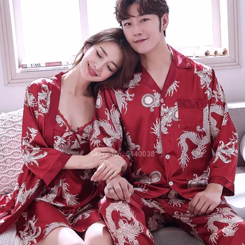 Japāņu Sleepwear par Pāris Apģērba Gluda Zīda Pūķis Drukāt Sieviešu Drēbes Haori Vīriešu Pidžamas Komplekts Kimono Kleita Yukata