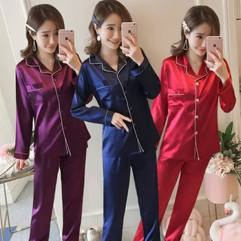 2 Gabali Rudens Zīda Pidžamu Sievietēm Ar Garām Piedurknēm Sleepwear Komplekts Satīna Sexy Pure Color Plus Lieluma Nakts Tērps Femme Homewear