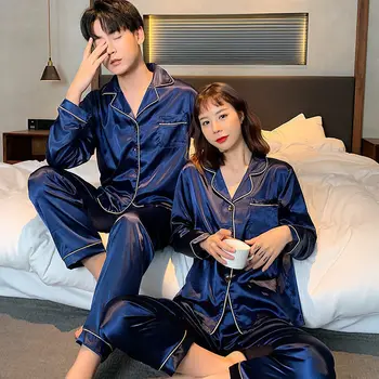 Tīrtoņa Krāsu Sleepwear Zīda Satīna Pidžamas Pāris Āķu Pogu Uz Leju Pidžamas Uzvalks Pijama Sievietes Vīrieši Loungewear Plus Lieluma Pj Komplekts