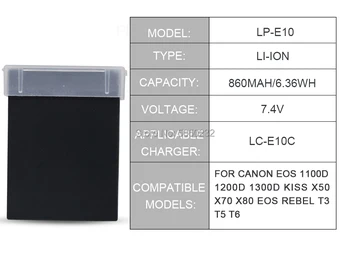 7.4 V 860mAh LP-E10 LP E10 LPE10 Kameru Baterijas Canon EOS 1100D 1200D 1300D Kiss X50 X70 X80 EOS Rebel T3 T5 T6