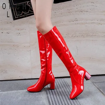 ORCHA LISA Pattent ādas ceļgalu augstu zābaki sieviešu 6cm bloķēt papēži sarkanā baltā melnā dāma ziemas ādas kurpes bote femme 45