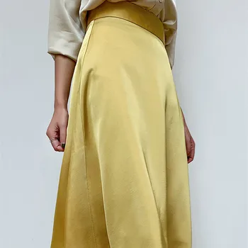 Korejas Zīda Svārki Sievietēm Elegants Birojs Dāma Satīna Svārki Sieviete Ar Augstu Vidukli, Dzelteni Svārki Faldas Mujer Moda 