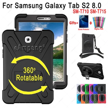 Rokas Plecu Siksna Case for Samsung Galaxy Tab S2 8.0 SM-T710 SM-T715 Bērniem Drošu Triecienizturīgs 360 Rotable Tablete Segtu ar Virvi