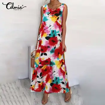 Plus Lieluma Vasaras Sundress Celmia Sieviešu Vintage Ziedu Drukāt Maxi Sexy Kleita bez Piedurknēm Gadījuma Zaudēt Ruffles Beach Vestidos 5XL 7