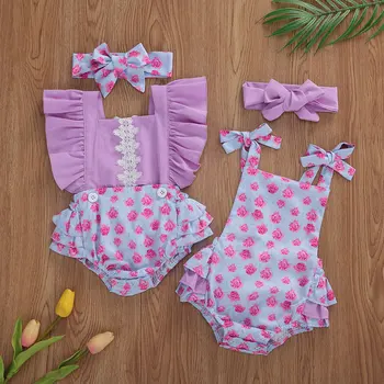 Vasaras Bērniem, Baby Meitenes Zēni Playsuits Ziedu Drukāt Ruffles Piedurknēm Violeta Jumpsuits Galvas Stīpa