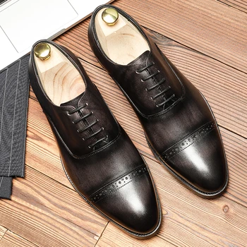 Vīriešu ādas kurpes biznesa kleita, uzvalks, kurpes vīriešu zīmolu Bullock īstas ādas melna mežģīņu kāzu vīriešu kurpes Phenkang 2020