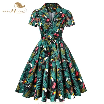 SISHION Papagailis Palmu Ziedu Drukāt Vintage Kleita Ir 2021. Plus Lieluma Ziedu Kokvilnas Tunika Sievietēm, Dāmām, Šūpoles Rockabilly Kleitas SD0002
