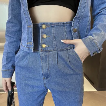 2020 rudens ziemas modes sievietes 2-gabals komplekti uzvalks jaka džinsa jaka + augsta vidukļa džinsus vai uzvalku