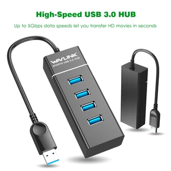 Wavlink USB 3.0 HUB 4 Ports ātrgaitas Līdz 5Gbps USB Sadalītājs Hab Pārnēsājamu usb 3.0 Expander Logu Mac OS USB CENTRMEZGLAM, kas ar Adapteri