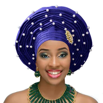 Aso oke headtie par sievieti, kāzu auto gele ar pērlēm āfrikas headtie kāzu cepures 2018