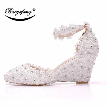 BaoYaFang Apaļu Purngalu White Flower Sieviešu kāzu kurpes Līgava Ķīļi Potītes Siksniņu, Dāmas puse kleita kurpes sieviete paltform apavi