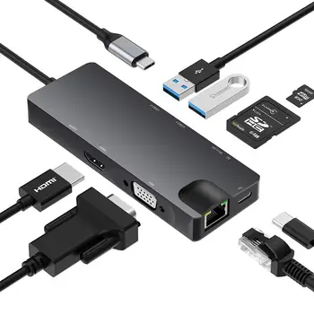 8 In 1 USB C Hub Adapteri USB C HDMI USB 3.0 2 Centrmezglu, Karšu Lasītājs, Docking Station Atbalsta SD TF VGA HDMI Gigabit LAN Strāvas Ports