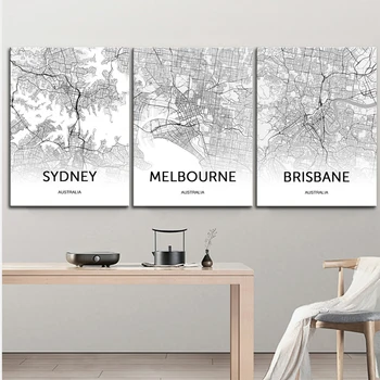 Sidnejas, Brisbenas Turnīrā Melnā un Baltā Karte Drukāt Austrālija Kartes, Plakāti Mūsdienu Abstraktā Audekls Mākslas Pasaulē un Pilsētas Karte, Krāsošana