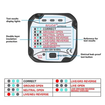 Elektriskā Kontaktligzda Testeri BSIDE AST01 ES MUMS Plug RCD GFCI testa Izejā detektoru Ground Zero Līnijas Spraudni Polaritāti, Fāžu Izvēles