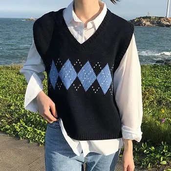 Sieviešu Džemperi, Vestes, Rudens 2020. Gadam Korejiešu Stilā Vintage Ģeometriskā Argyle V Kakla Bez Piedurknēm, Puloveri, Trikotāžas Džemperi Sieviete