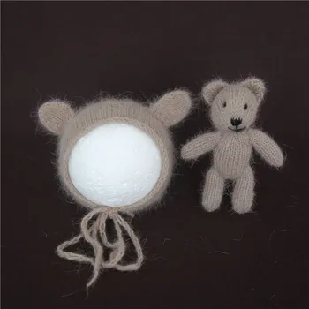 Tamborēšanas mohēra Tiny Lāča cepure rotaļlietu komplekts Fotogrāfija aksesuārus, Trikotāžas Teddy bear, ar pildījumu dzīvnieku un pārsega uzstādīts Foto aksesuāri