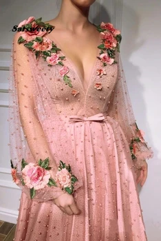 3D Ziedu garām Piedurknēm Rozā Balles Kleitas, Pērļu Fāzēm V Kakla Oficiāla Vakara Tērpi