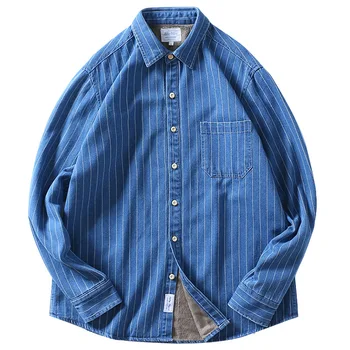 BAO SHAN klasiskās vilnas, bieza, silta svītrainām džinsa krekls ziemas zīmolu augstas kvalitātes kokvilnas vīriešu slim garām piedurknēm krekls