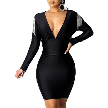 2020 Sievietēm Lady Bodycon Kleitas Modes garām piedurknēm Pušķi Spīguļi, Dziļi V-veida kakla Slim Apsēju Zīmuli Mini Kleita Karsts, Seksīgs Apģērbs