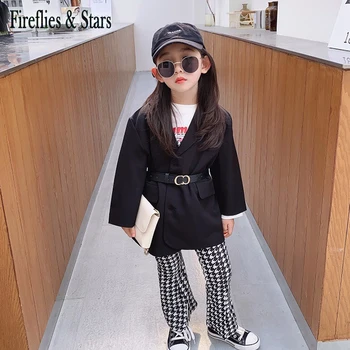 Pavasara Rudens meiteņu mētelis, uzvalks bērnu jaka bērniem outwear bērniem zīmolu apģērbu modes ins josta melnā vintage 3 līdz 12 gadiem