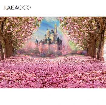 Laeacco Fantasy Rozā Ziediem, Ziedu Pils Fotogrāfija Backdrops Koku Varavīksnes Bērnu Portrets Photocall Foniem Foto Studijā