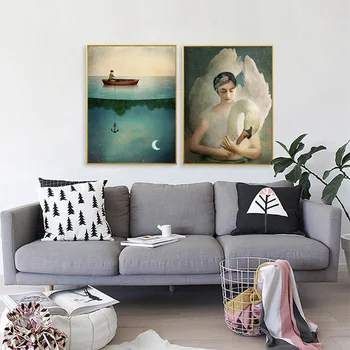 Vintage ar Gulbja Sienas Plakātu Audekls Mākslas Drukāt Vienkāršs Cilvēks Laivu Krāsošana Ziemeļvalstu Telpu Dekorēšana Attēlu
