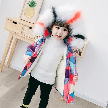 INS KARSTĀ Baby meiteņu ziemas jaka, 2-9years Lielas kažokādas apkakles plus samta kokvilnas mētelis Trīsstūris modelis toddler meitene ziemas drēbes