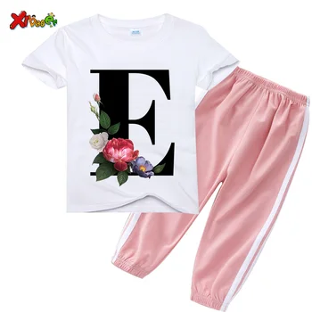 Unisex Vasarā Jaunu T-kreklu komplekti Modes Alfabētu Meitenes Tshirts Retro Zēns T Ziedi Elements Jauku Apaļu Kakla Bērniem Tshirt Kostīmi