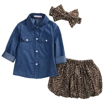 Vasarā Jauni Karstā Pārdošanas Modes Komplekts Baby Toddler Meitenes Ar Garām Piedurknēm Džinsa Krekls Leopard Mini Svārki Priekšgala Galvu Drēbes Bērniem