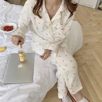 Pidžamas Komplekts Sievietēm 2020. gadam korejiešu Stilā, Ķiršu Drukāt Kokvilnas Dzijas ar garām Piedurknēm, Garās Mājas Drēbes Pidžamu Teen Meitenēm