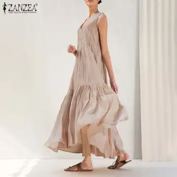 Modes V Kakla Drēbes Sieviešu Vasaras Sundress ir 2021. ZANZEA Gadījuma bez Piedurknēm Tvertnes Vestidos Sieviešu Cietā Savirmot Kleita Plus Size