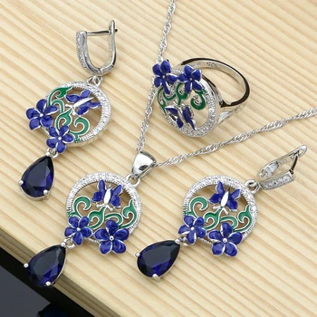 Zilā Safīra Un Sudraba 925 Komplekti Šarmu Emaljas Butterfly Ziedu Auskari Sievietēm Apdare Roku Darbs Jewellry Dropshipping
