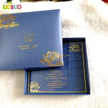 30pcs drukāšanas Lotus dizaina zelta drukāšanas skaidrs, akrila kartes,kāzu ielūgumu kartes ar kārbām(logo uz kastes ir nepieciešama papildus izmaksas)