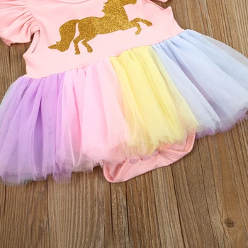 Gudrs Jaundzimušais Meitene Unicorn Kleita Ruffles bez Piedurknēm Karikatūra Tutu Romper Mini Kleitas Sundress Drēbes 0-24M