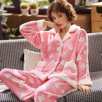 Ziemas 2GAB Naktsveļu Gadījuma Peldmētelis Sleepwear Sievietēm Miega Uzvalks Flaneļa Pidžamas Komplekts ar garām Piedurknēm Siltu, Biezu Homewear Pijamas