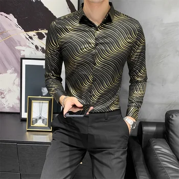 Luksusa Zelta Svītrains Vīriešu Krekls ar garām Piedurknēm Slim Fit Gadījuma Kleita Krekls Nakts Klubs Streetwear Vīriešu Apģērbu Camisas Para Hombre