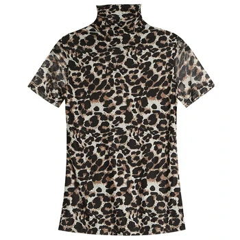 Eiropas Apģērbu Modes Sexy augstu uzrullētu apkakli Leopard Print T-krekls Sievietēm 2020 