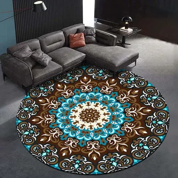 Eiropas stila tautas-pasūtījuma Zils brūns Mandala ziedi Apaļā dzīvojamās istabas paklāja pielāgošana Guļamistaba anti-slīdēšanas paklājiņš plīša paklājs