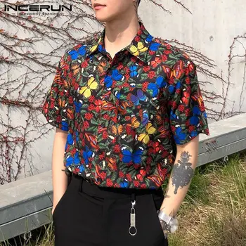 Vasaras Drukāšanas Vīriešiem Gadījuma Šiks Krekls Atloks ar Īsām Piedurknēm Modes Zīmola Havaju Krekli Pogu Streetwear Camisas Hombre INCERUN