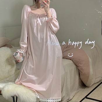 Korejiešu stilā nightdress mežģīņu izšūšanas naktskrekls kleita ikdienas mājas pakalpojumu, ilgtermiņa piedurknēm tīrtoņa krāsu sexy naktsveļu koszula nocna